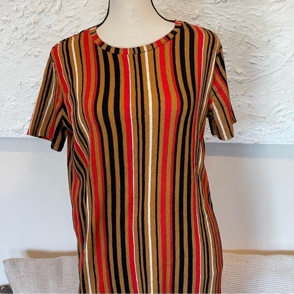 Zara Dress Striped Crepe Asymmetric Hem Short Sleeve Tan Black White Size Small - Picture 3 of 10